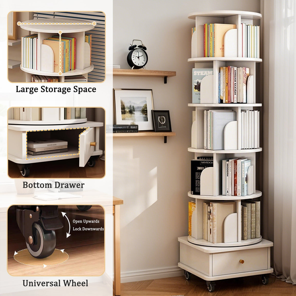 6 Tier Rotating Bookshelf with Wheels and Drawer, 360° Spinning Design, Space Saving Storage, for Home and Office, White MDF