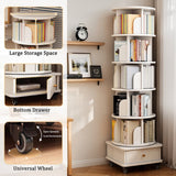 6 Tier Rotating Bookshelf with Wheels and Drawer, 360° Spinning Design, Space Saving Storage, for Home and Office, White MDF