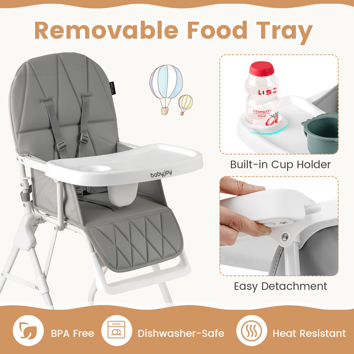 Easy Clean Compact Highchair with Removable Adjustable Tray and PU Seat Cushion
