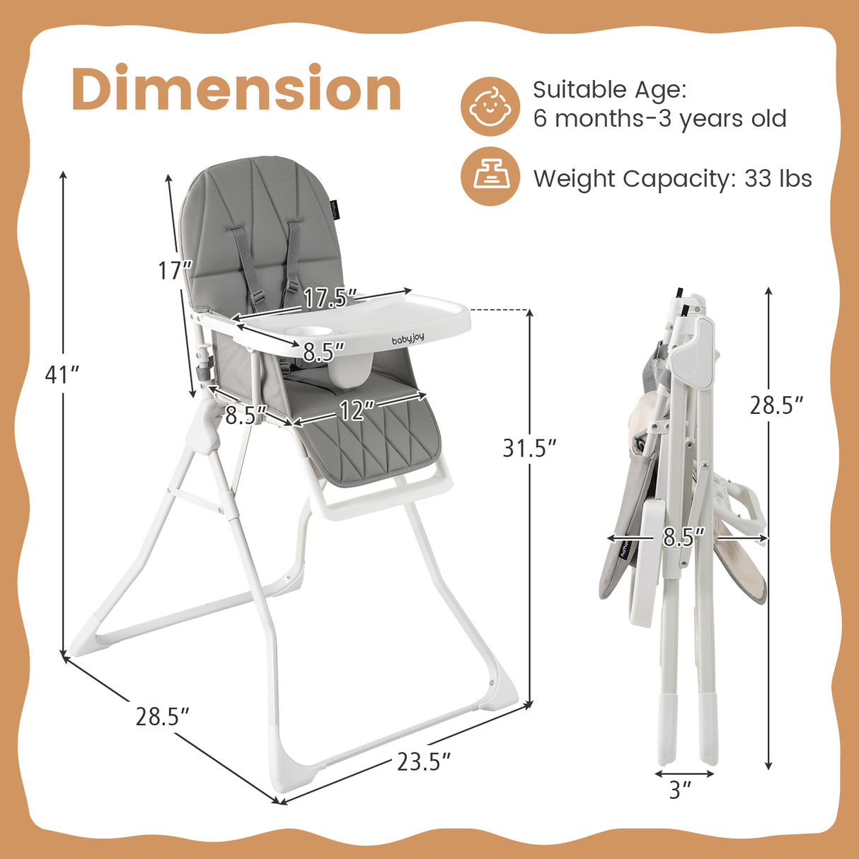 Easy Clean Compact Highchair with Removable Adjustable Tray and PU Seat Cushion