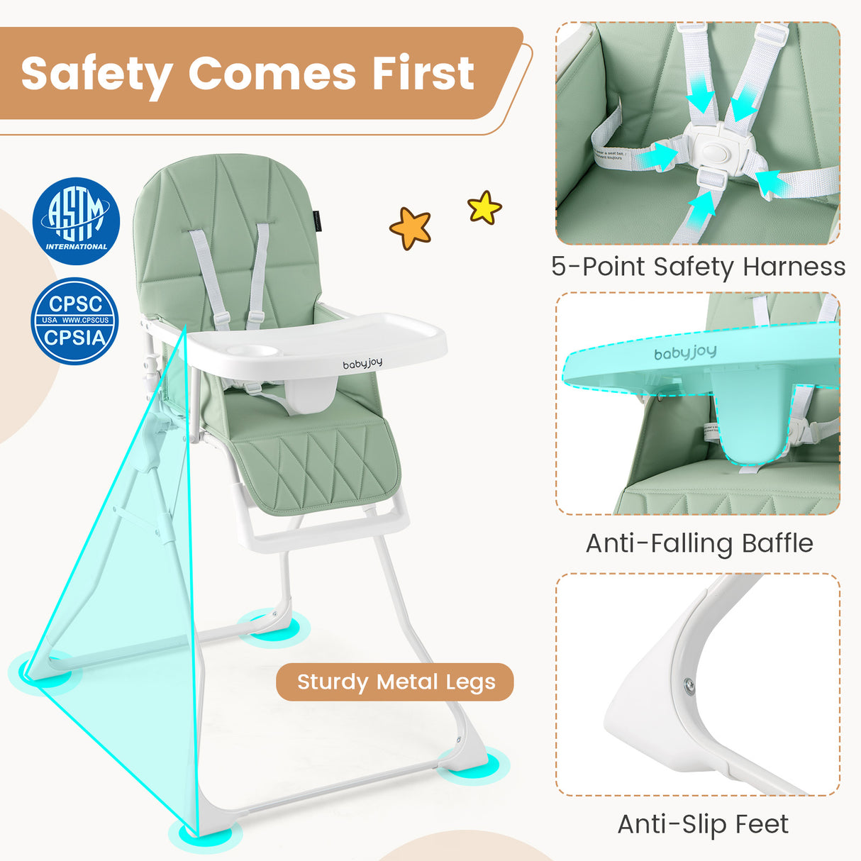 Easy Clean Compact Highchair with Removable Adjustable Tray and PU Seat Cushion