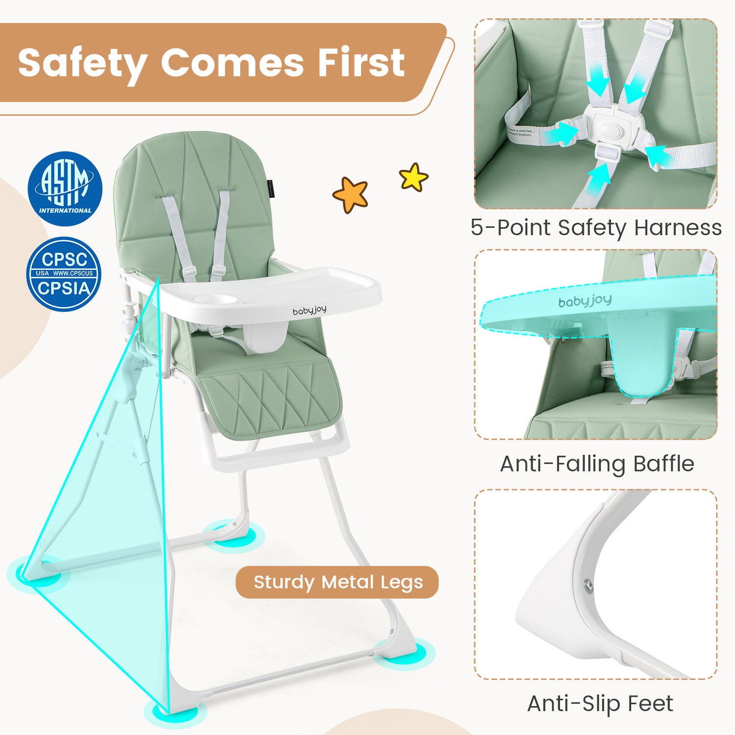 Easy Clean Compact Highchair with Removable Adjustable Tray and PU Seat Cushion