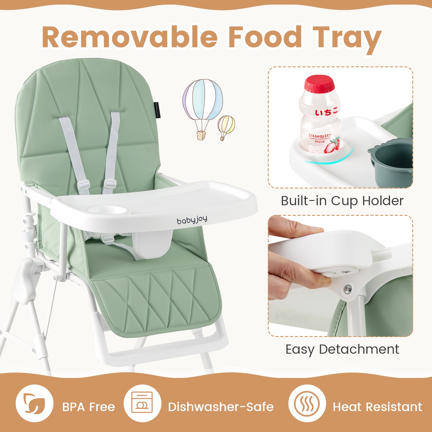 Easy Clean Compact Highchair with Removable Adjustable Tray and PU Seat Cushion