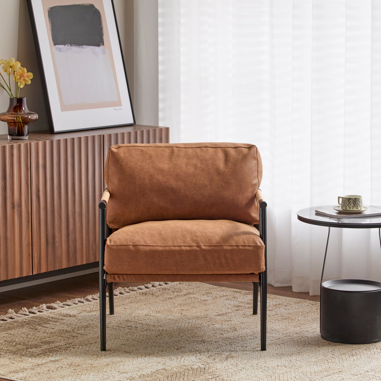 27.56' Modern Accent Chair with Plush Cushions, Minimalist Metal Frame, and Wooden Armrest Design – Perfect for Cozy Living Room, Bedroom, or Office Seating