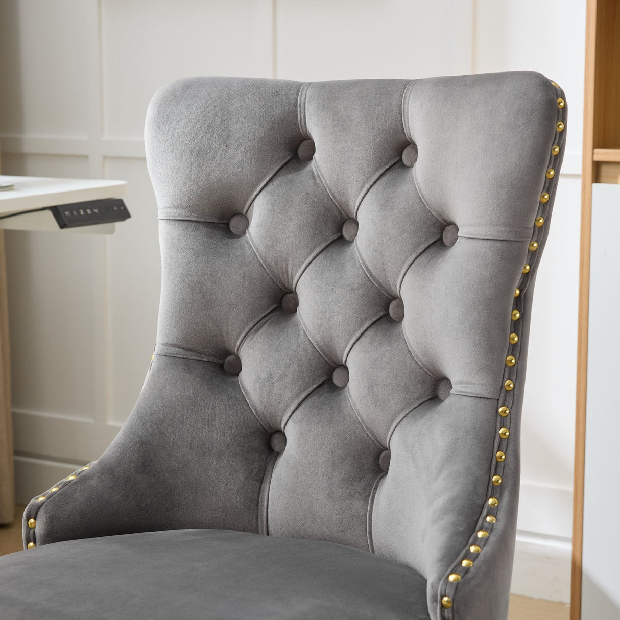 A&A Furniture Office Chair,Modern Velvet Upholstered Tufted Button Home Office Chair with Golden Metal Base,Adjustable Desk Chair Swivel Office Chair (Gray)