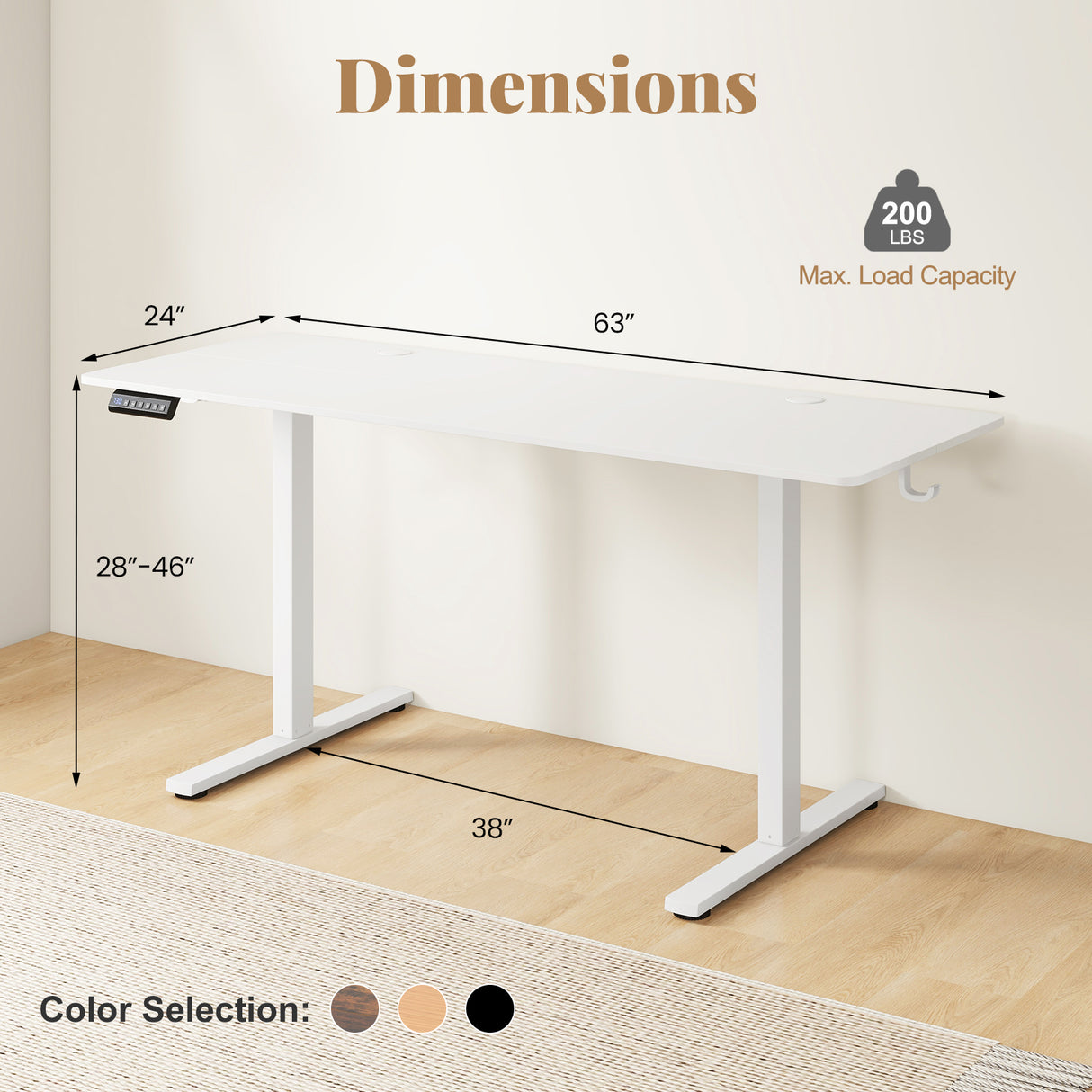 Electric Standing Desk with 3 Memory Heights and 2 Hanging Hooks and Cable Holes