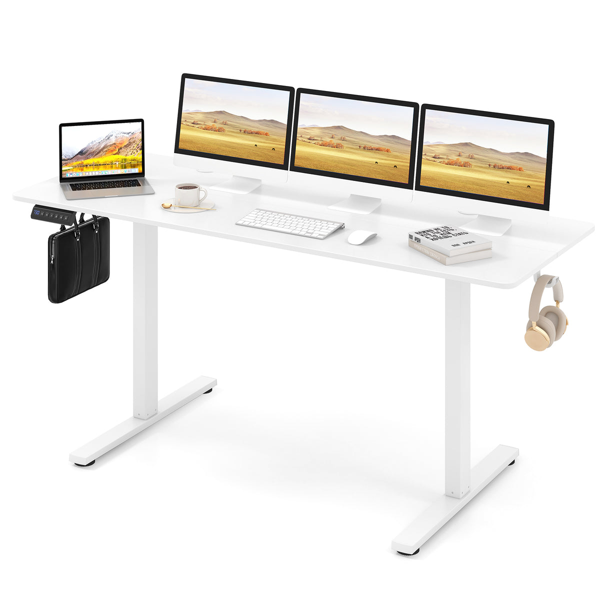 Electric Standing Desk with 3 Memory Heights and 2 Hanging Hooks and Cable Holes