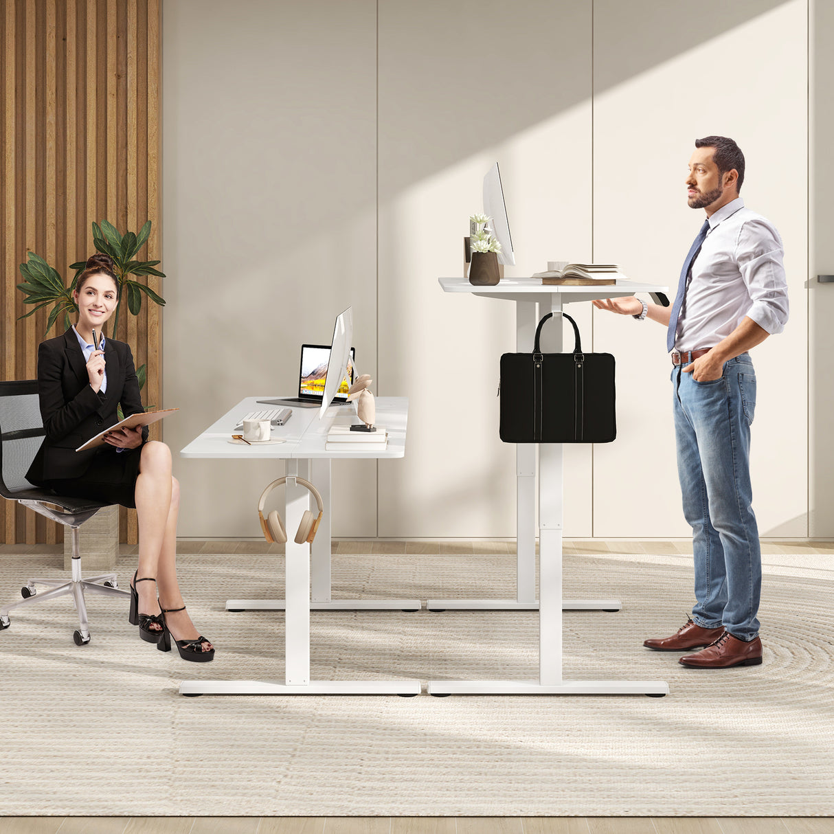 Electric Standing Desk with 3 Memory Heights and 2 Hanging Hooks and Cable Holes