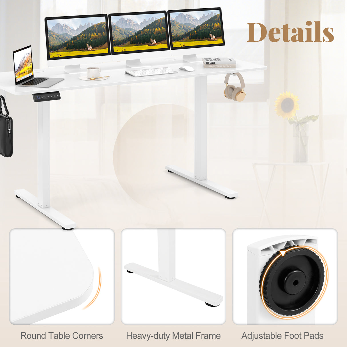 Electric Standing Desk with 3 Memory Heights and 2 Hanging Hooks and Cable Holes