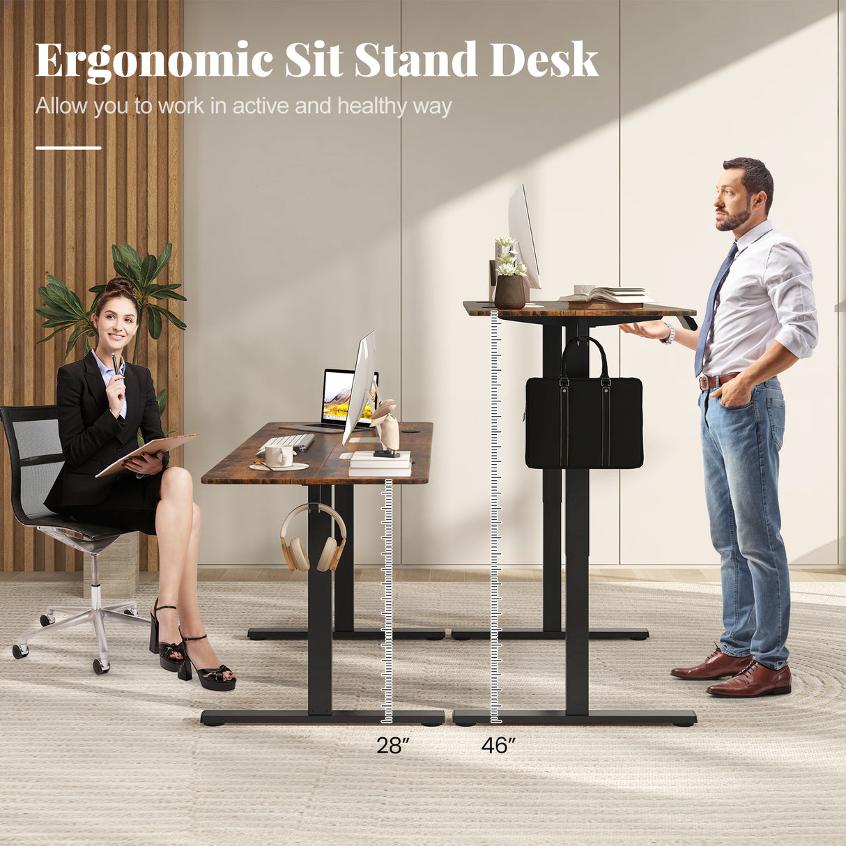Electric Standing Desk with 3 Memory Heights and 2 Hanging Hooks and Cable Holes