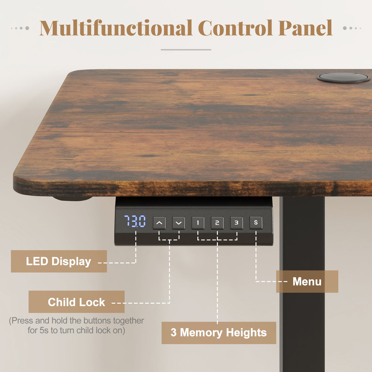 Electric Standing Desk with 3 Memory Heights and 2 Hanging Hooks and Cable Holes