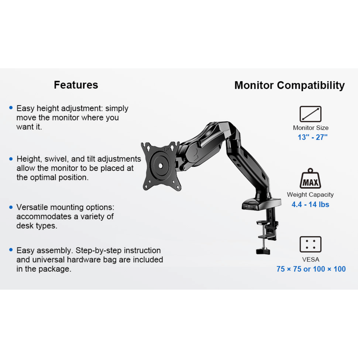 ErgoAV Gas Spring Desk Mount for Single Monitors 13" to 27"