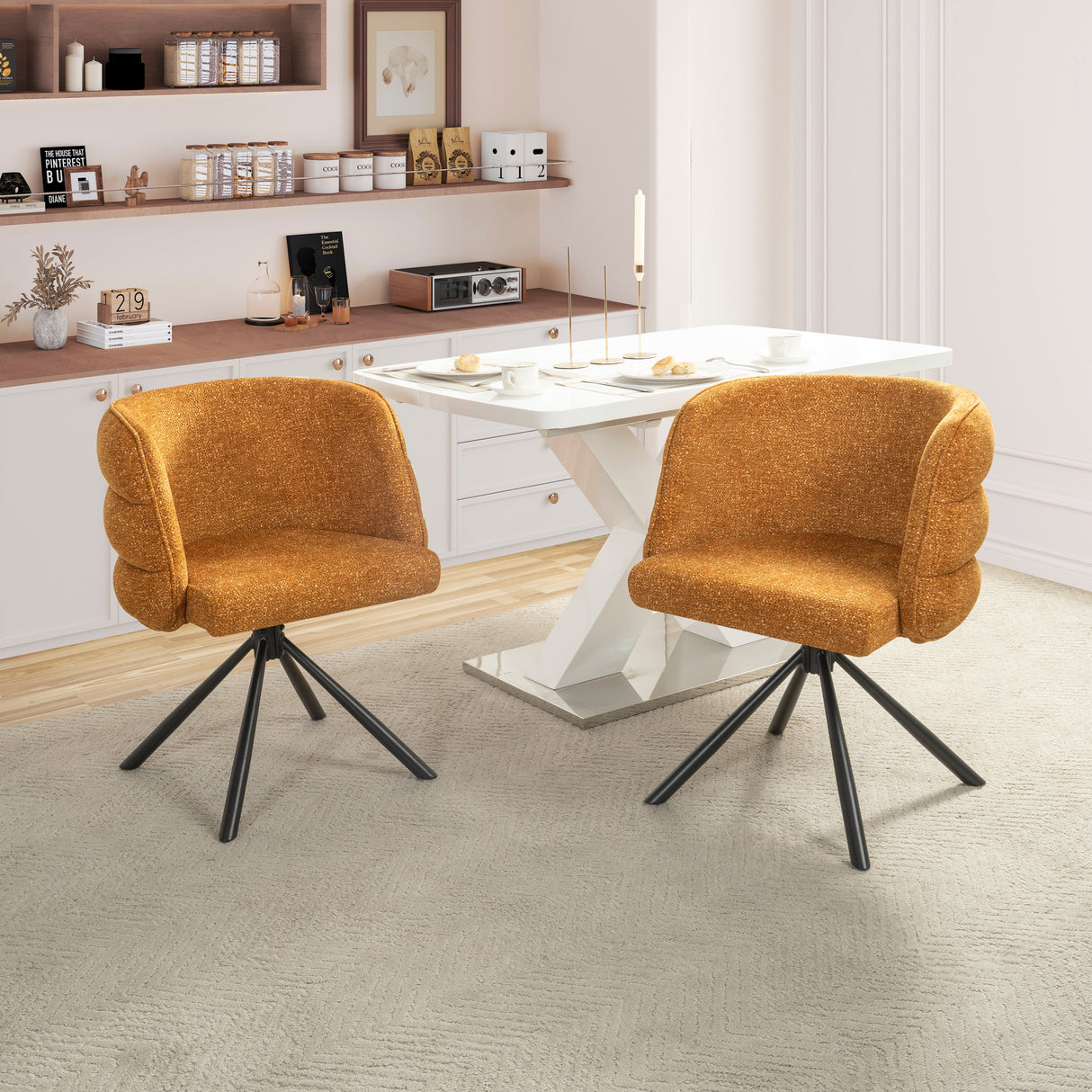 270° Swivel Home Office Desk Chairs Set of 2,Modern Dining Chairs, Upholstered Bedroom Chairs with Metal Base,Makeup Chair for Vanity, for Living Room, Bedroom,Study Room,Dining Room(Orange)