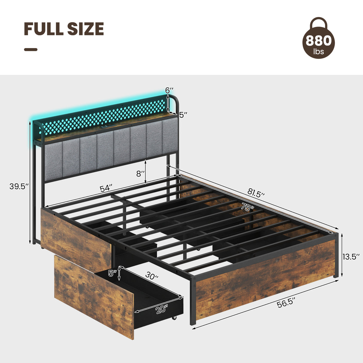 Twin/Full/Queen Bed Frame with LED Lights  Upholstered Headboard and 4 Storage Drawers