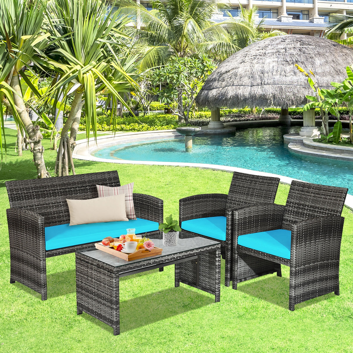 4 Pcs Patio Rattan Furniture Set Top Sofa With Glass Table