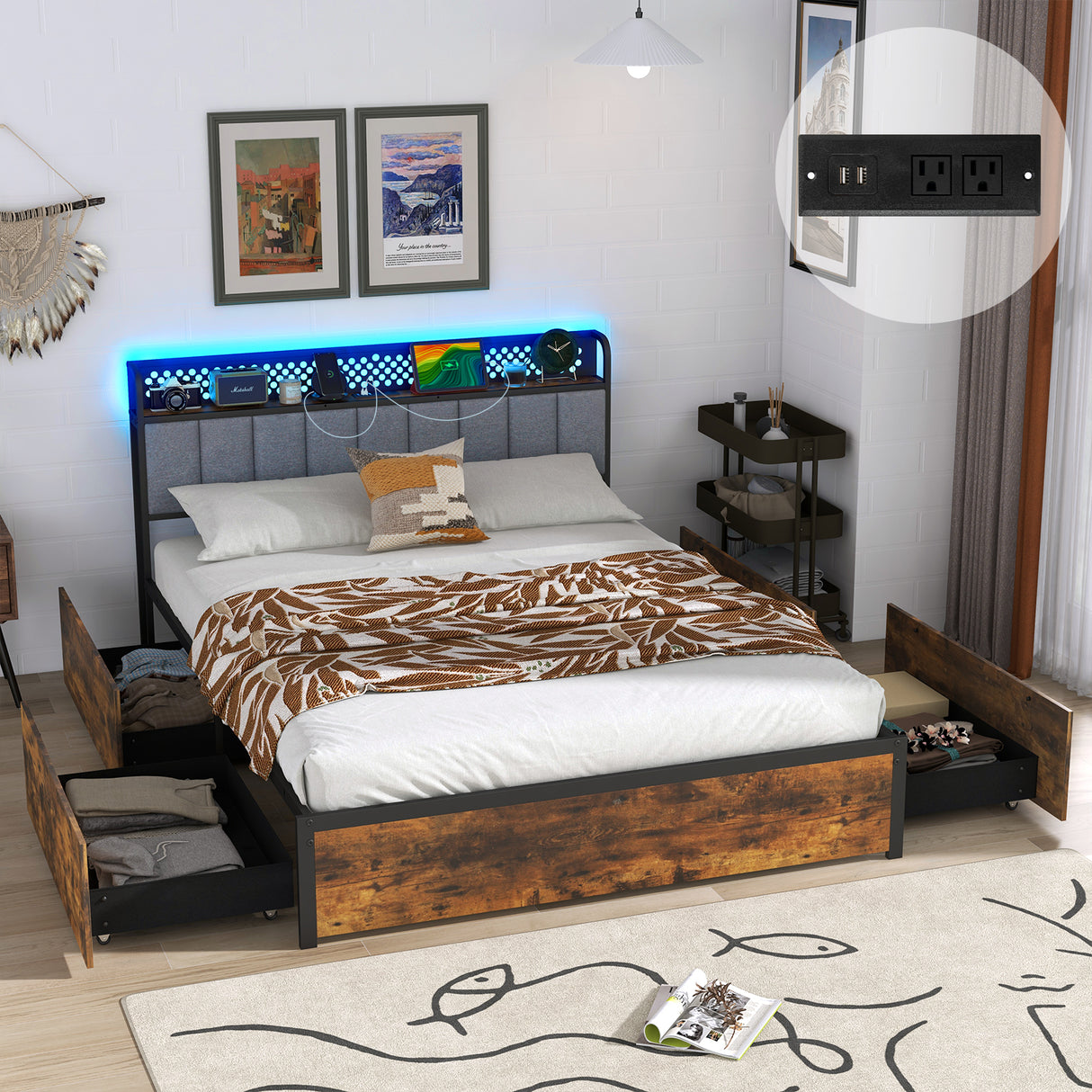 Twin/Full/Queen Bed Frame with LED Lights  Upholstered Headboard and 4 Storage Drawers