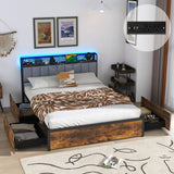 Twin/Full/Queen Bed Frame with LED Lights  Upholstered Headboard and 4 Storage Drawers