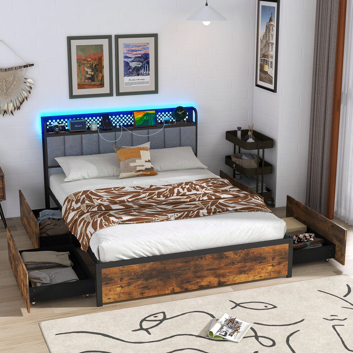 Twin/Full/Queen Bed Frame with LED Lights  Upholstered Headboard and 4 Storage Drawers