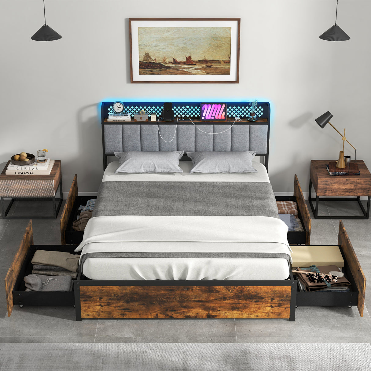 Twin/Full/Queen Bed Frame with LED Lights  Upholstered Headboard and 4 Storage Drawers