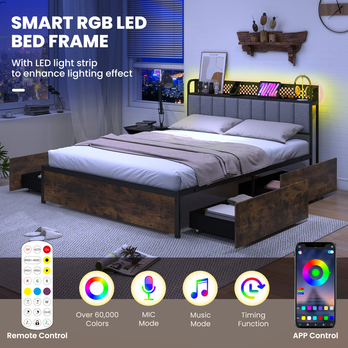 Twin/Full/Queen Bed Frame with LED Lights  Upholstered Headboard and 4 Storage Drawers