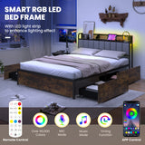 Twin/Full/Queen Bed Frame with LED Lights  Upholstered Headboard and 4 Storage Drawers