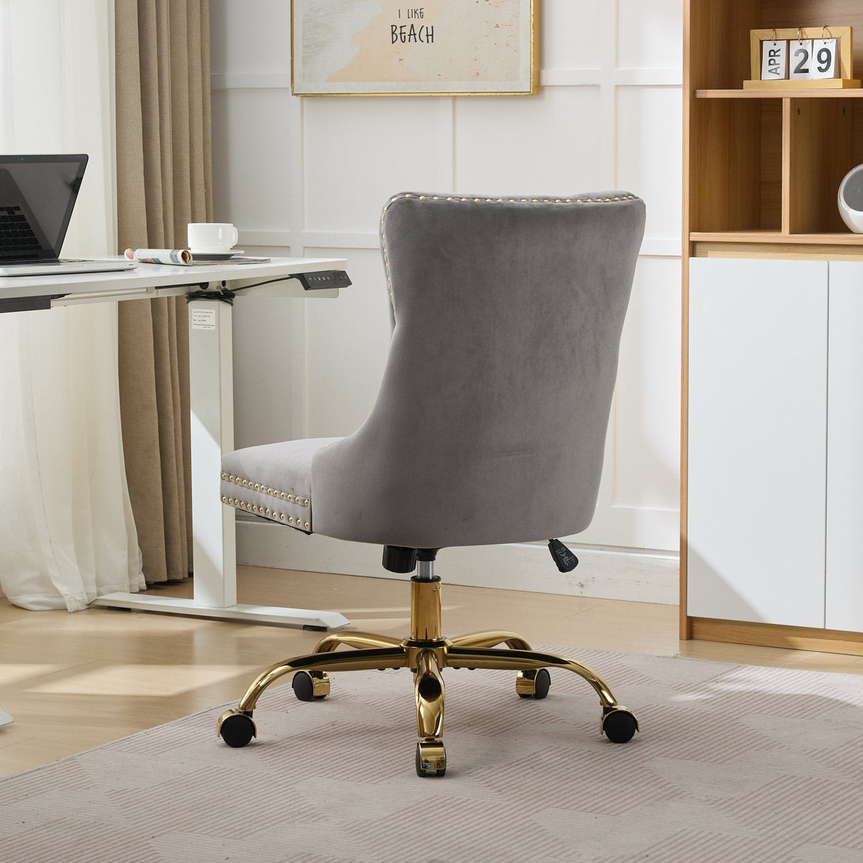 A&A Furniture Office Chair,Modern Velvet Upholstered Tufted Button Home Office Chair with Golden Metal Base,Adjustable Desk Chair Swivel Office Chair (Gray)