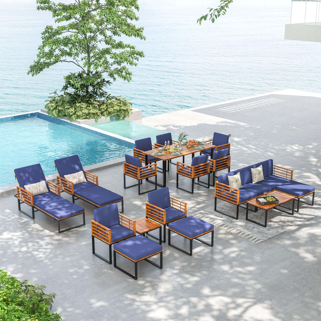 3 Pieces Patio Acacia Wood Conversation Set with Cushioned Armchairs-Navy