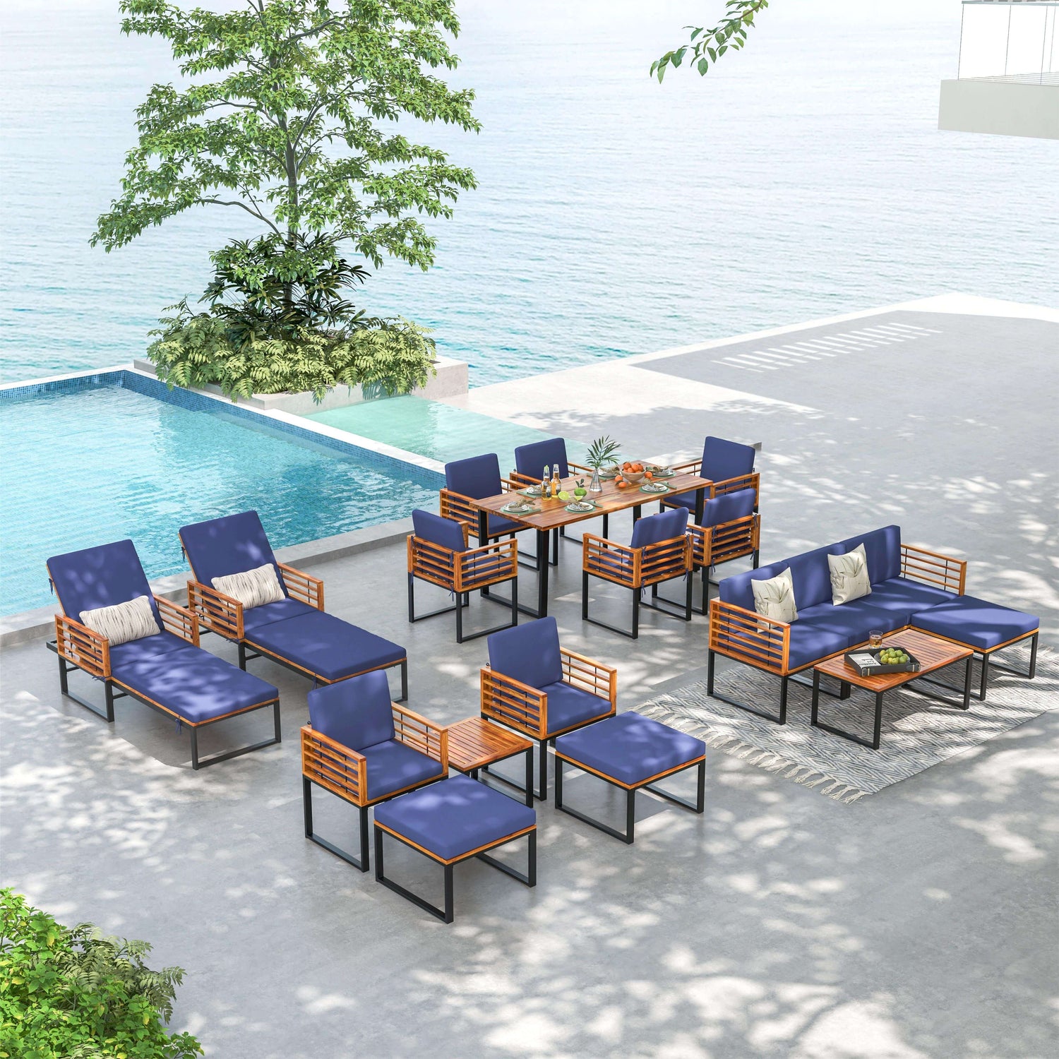 3 Pieces Patio Acacia Wood Conversation Set with Cushioned Armchairs-Navy
