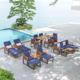 3 Pieces Patio Acacia Wood Conversation Set with Cushioned Armchairs-Navy