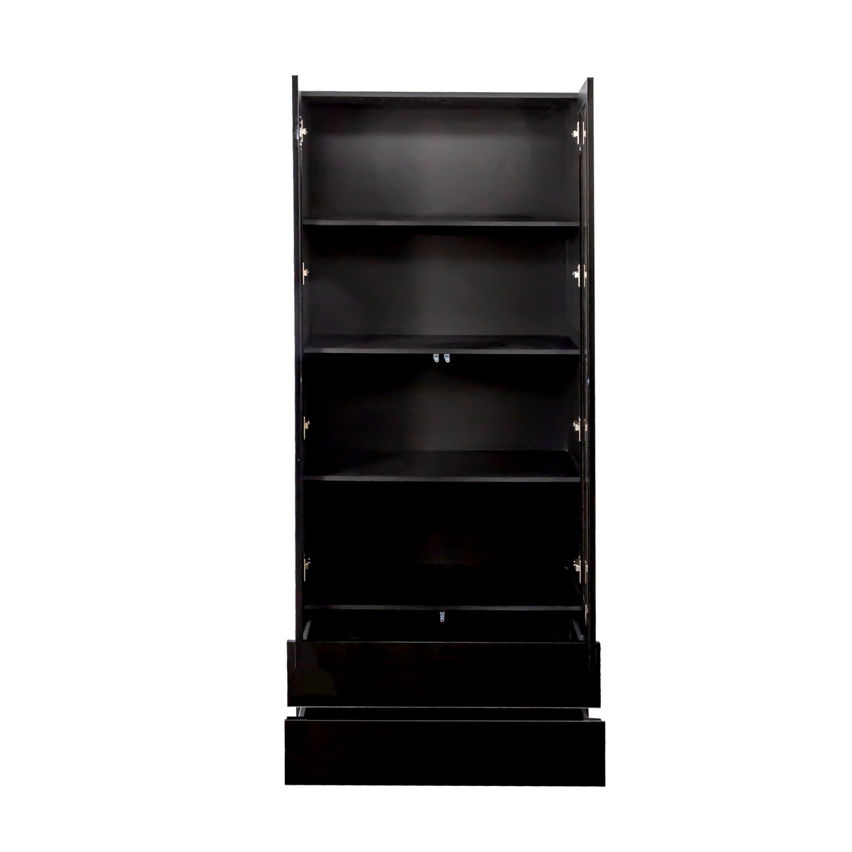 Display Cabinet with Glass Doors, Curio Storage Cabinet with 2-Drawer, Bookcase with LED Lights, Black