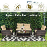 4 Pieces Outdoor Rattan Wicker Loveseat Furniture Set with Cushions