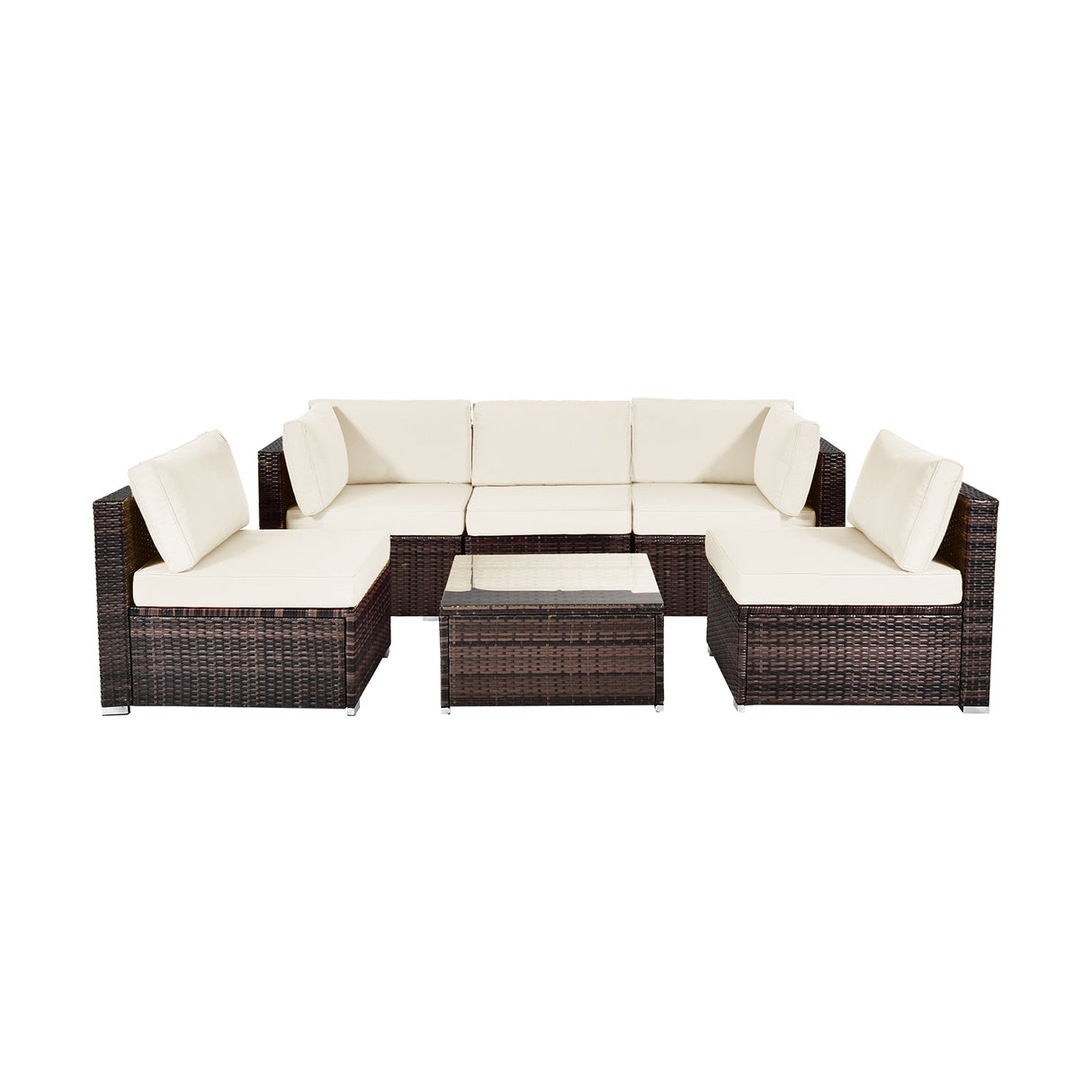 6 Pieces Patio Rattan Furniture Set with Cushions and Glass Coffee Table