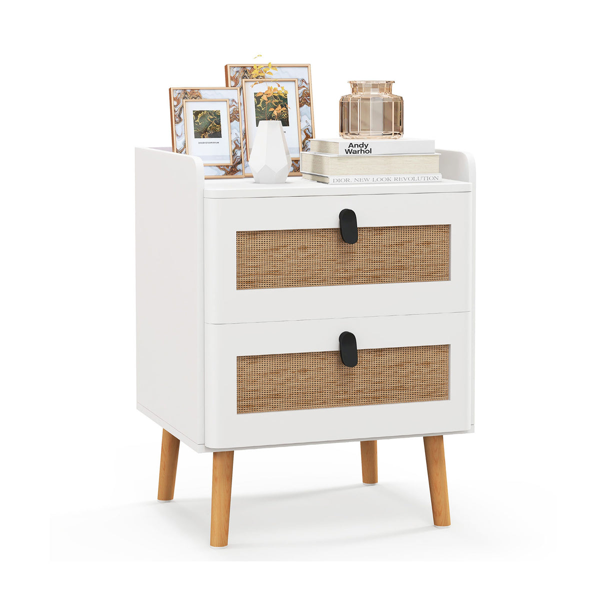 Modern End Table Bedside Table with 2 Rattan Decorated Drawers-White