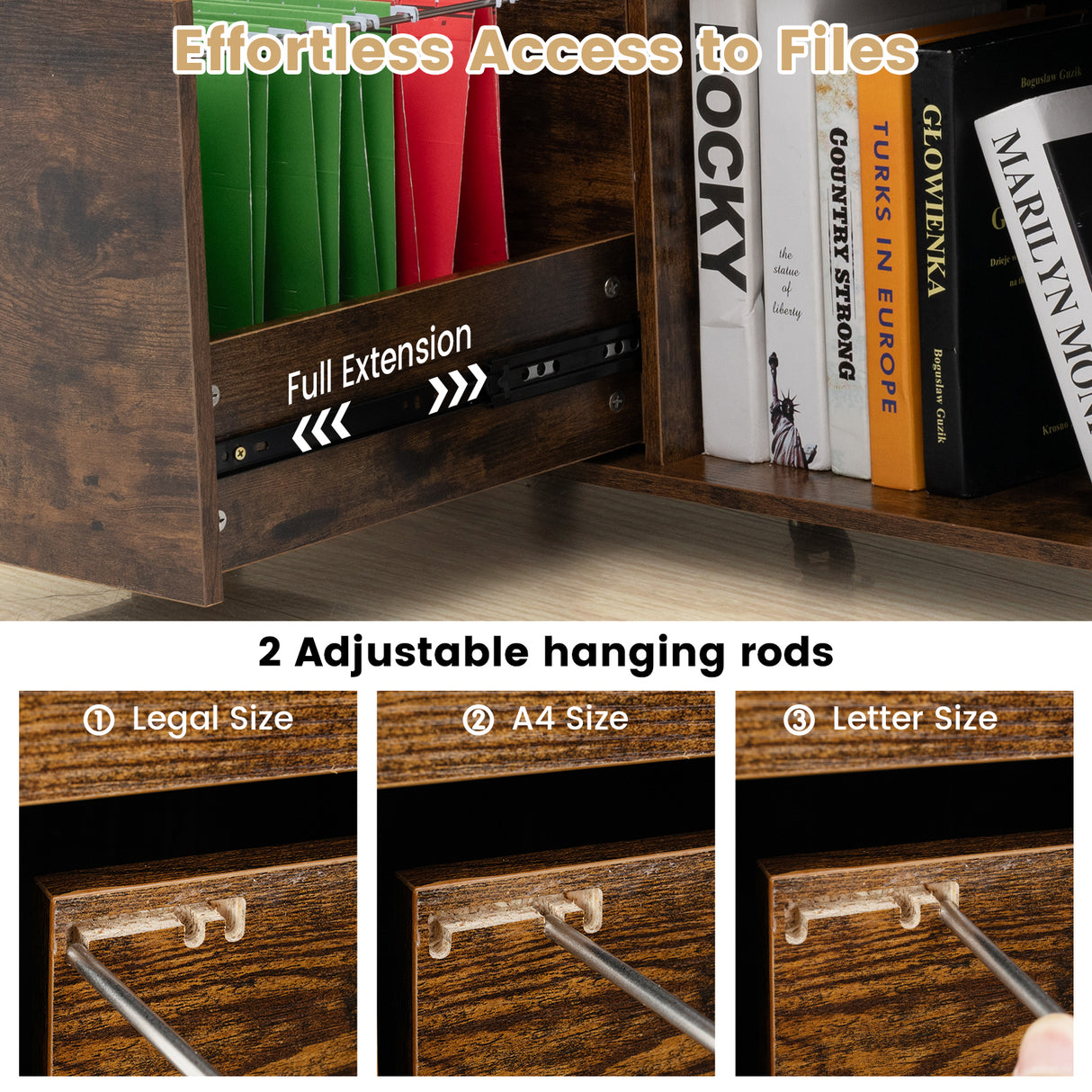 3-Drawer File Cabinet with Adjustable Shelf and Wheels for Letter