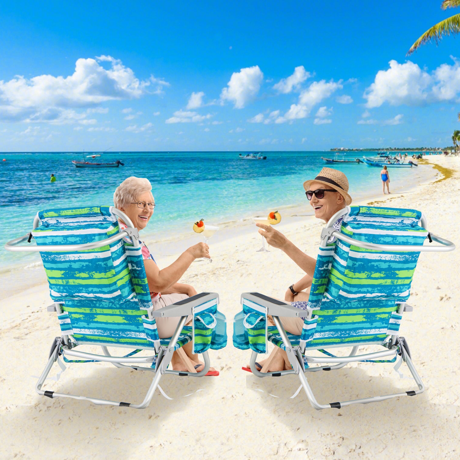 Foldable Backpack Beach Chair with Cup Holder and Storage Pockets Set of 2