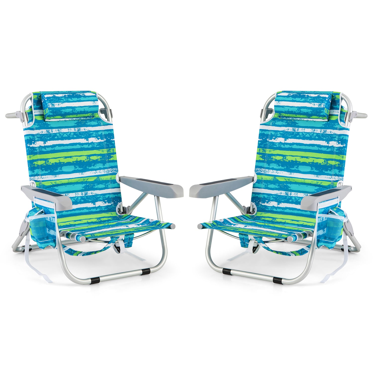 Foldable Backpack Beach Chair with Cup Holder and Storage Pockets Set of 2