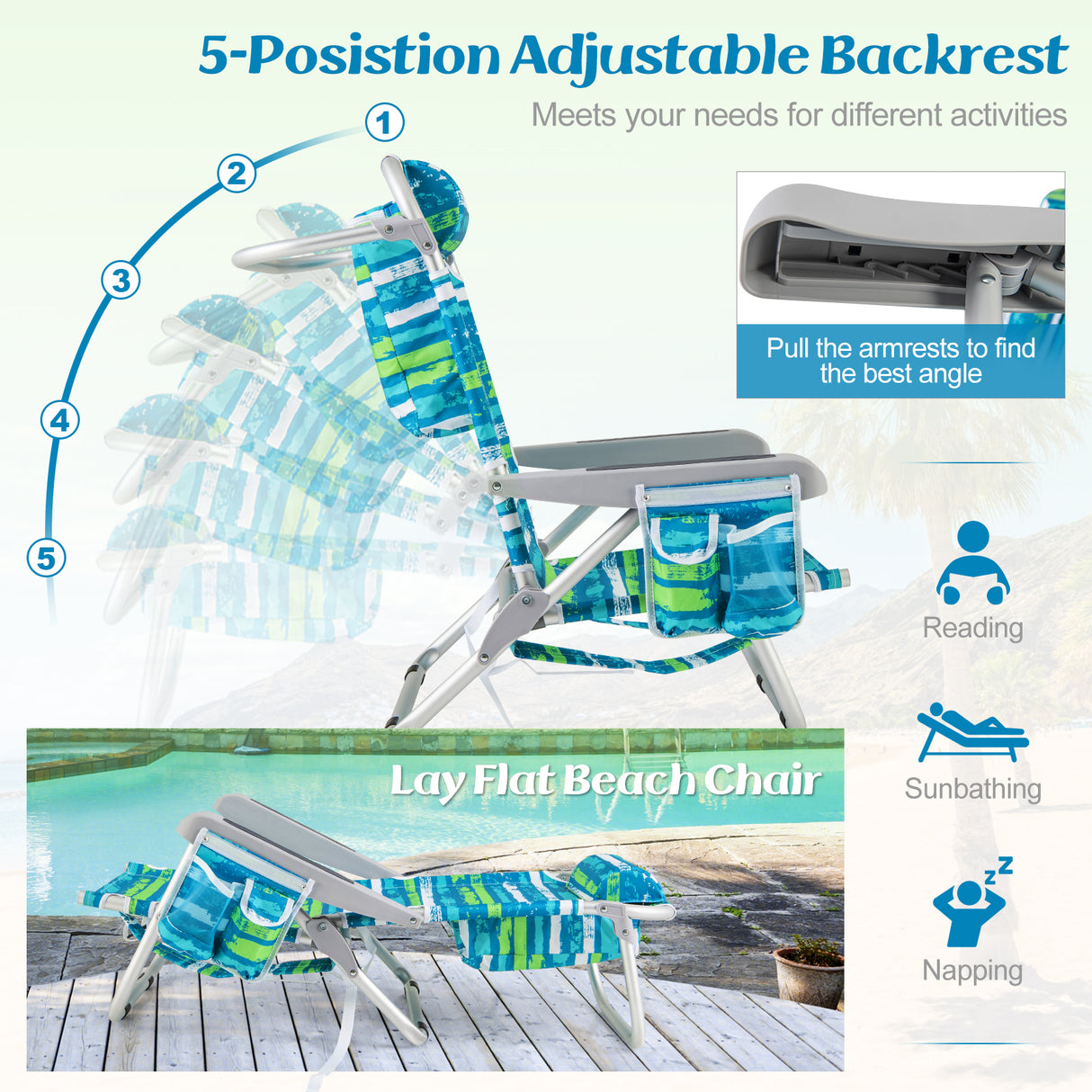 Foldable Backpack Beach Chair with Cup Holder and Storage Pockets Set of 2