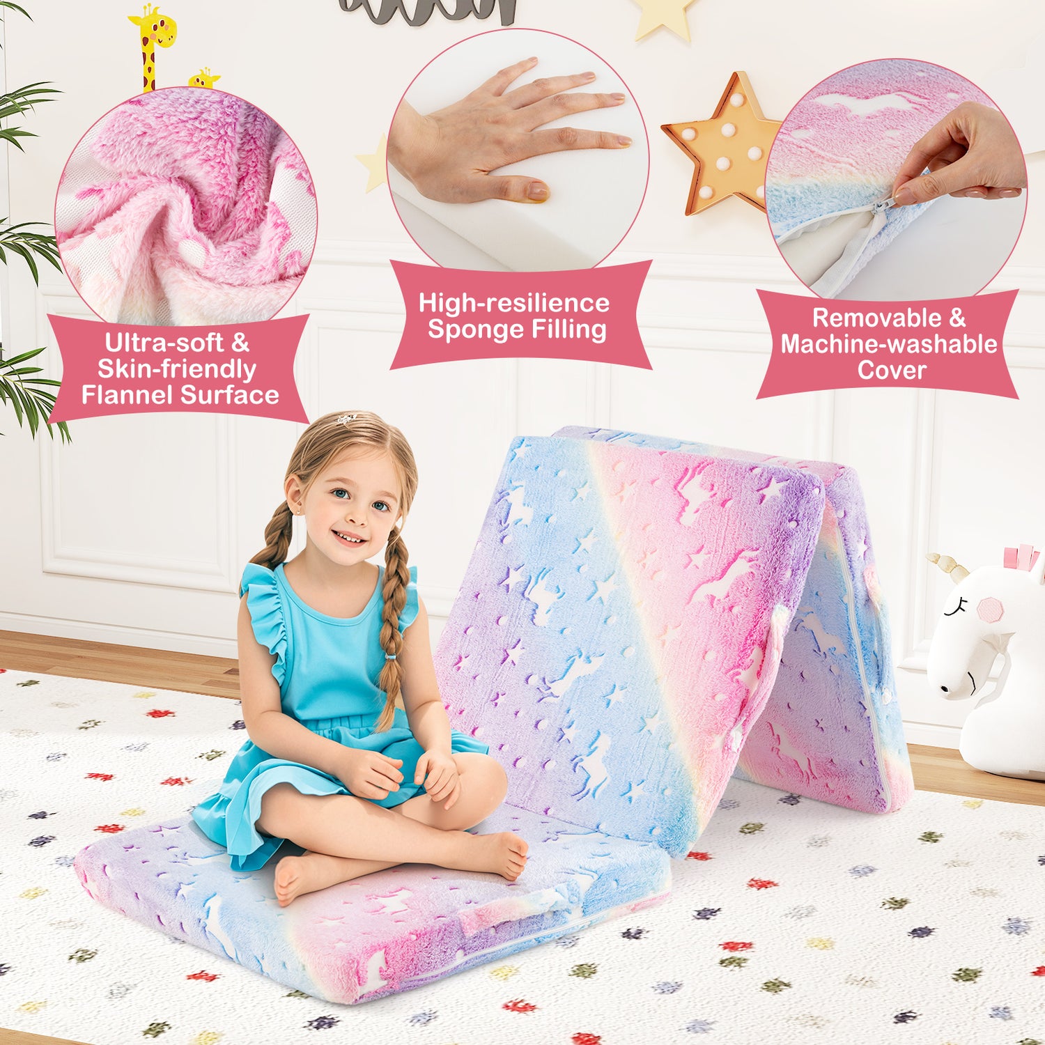 Foldable Floor Mattress for Kids with Washable Flannel Cover