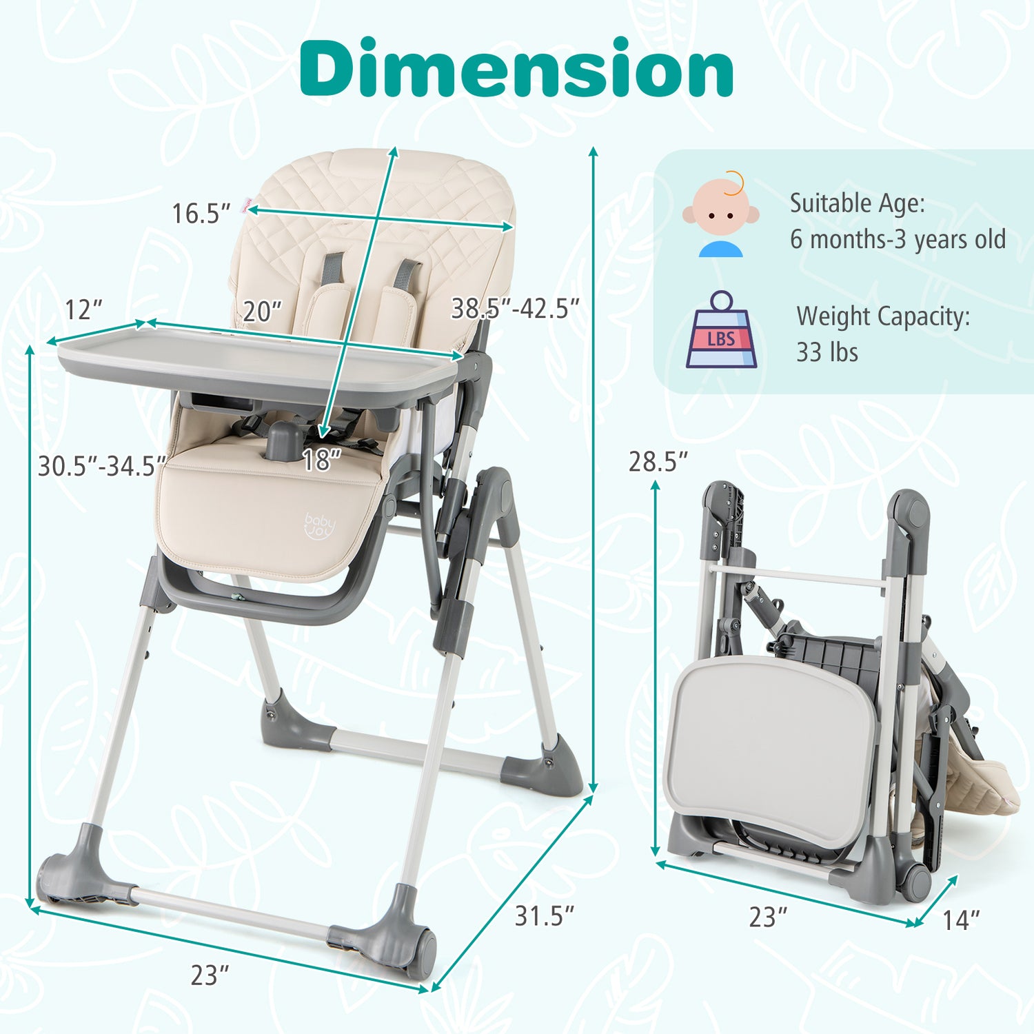 Foldable High Chair with Footrest and Detachable Tray
