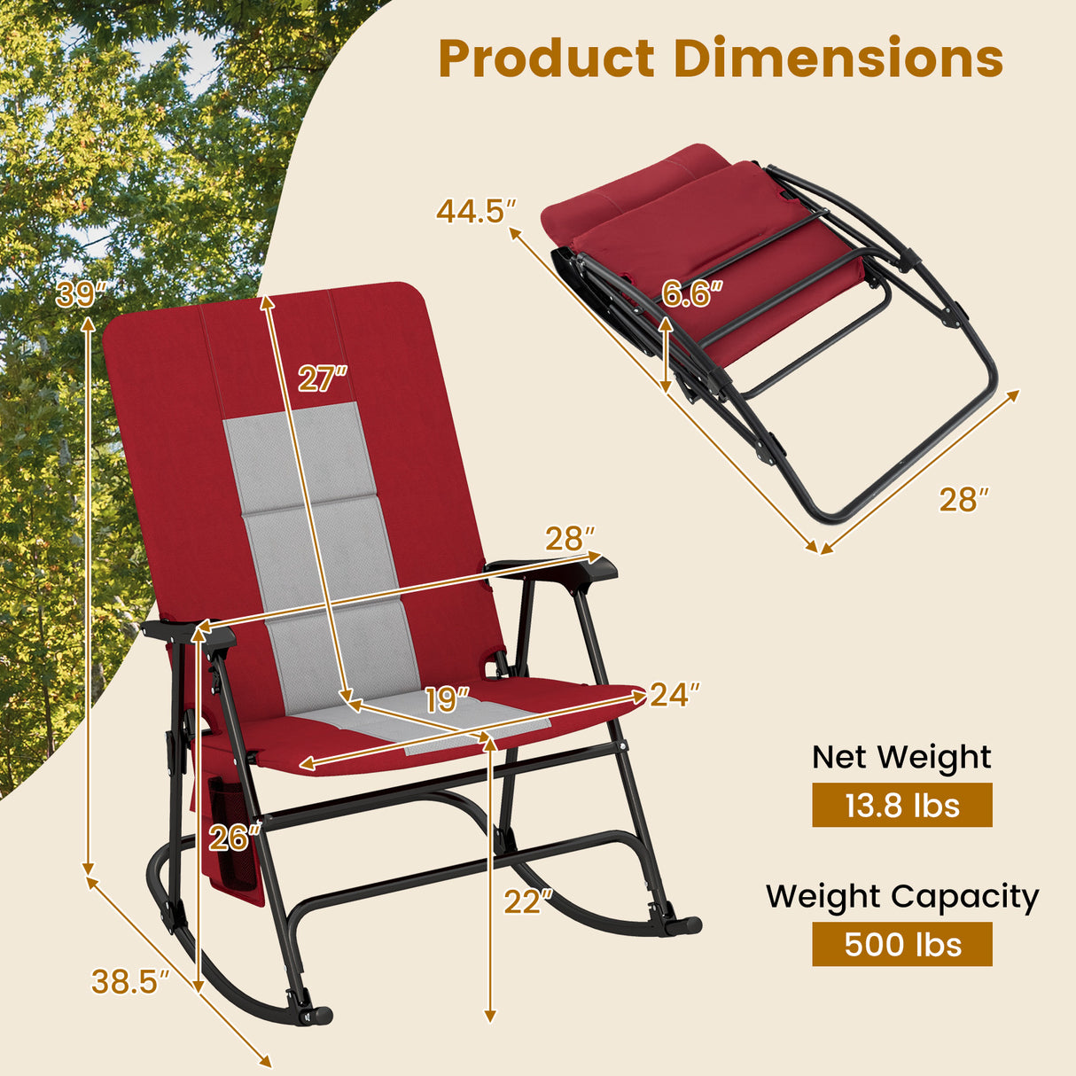Foldable Rocking Padded Portable Camping Chair with Backrest and Armrest