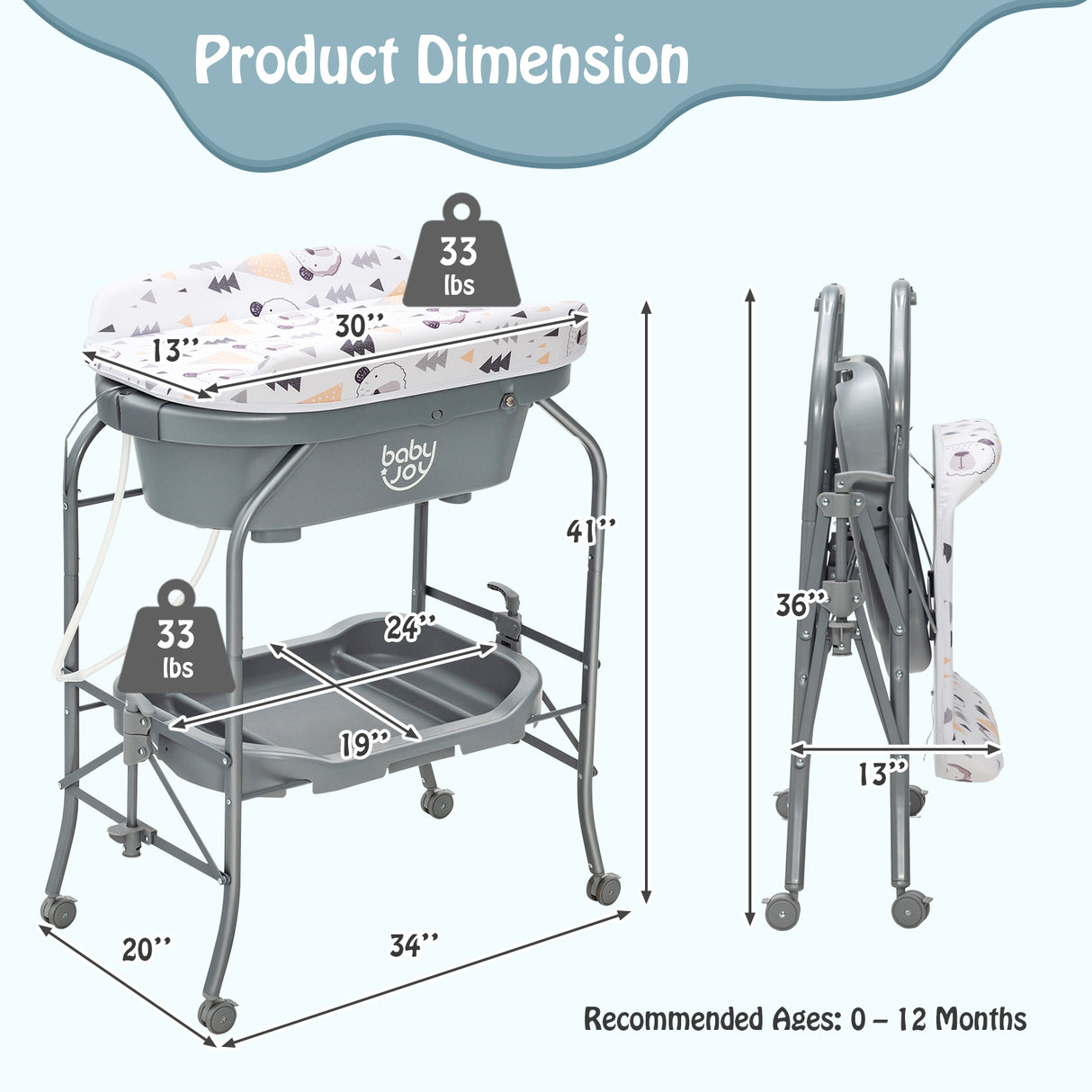 Portable Baby Changing Table with Storage Basket and Shelves