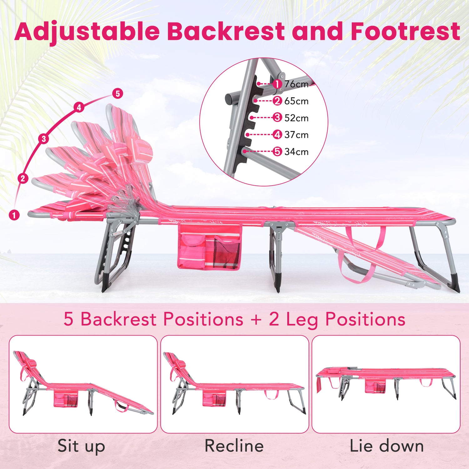 Folding Beach Lounge Chair with Pillow for Outdoor