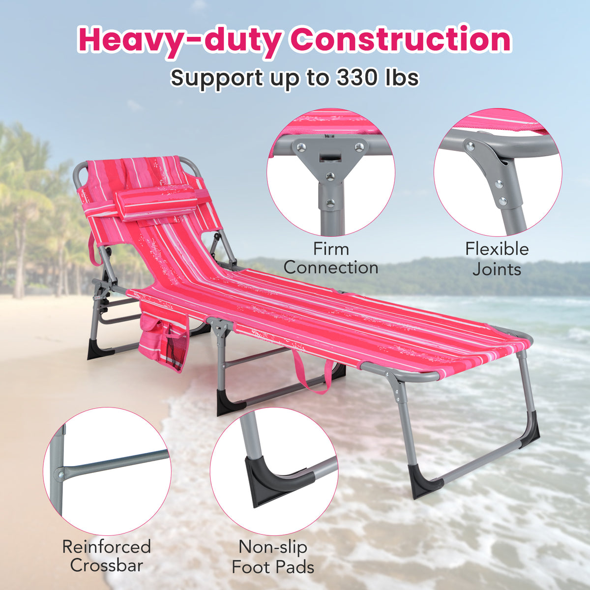 Folding Beach Lounge Chair with Pillow for Outdoor