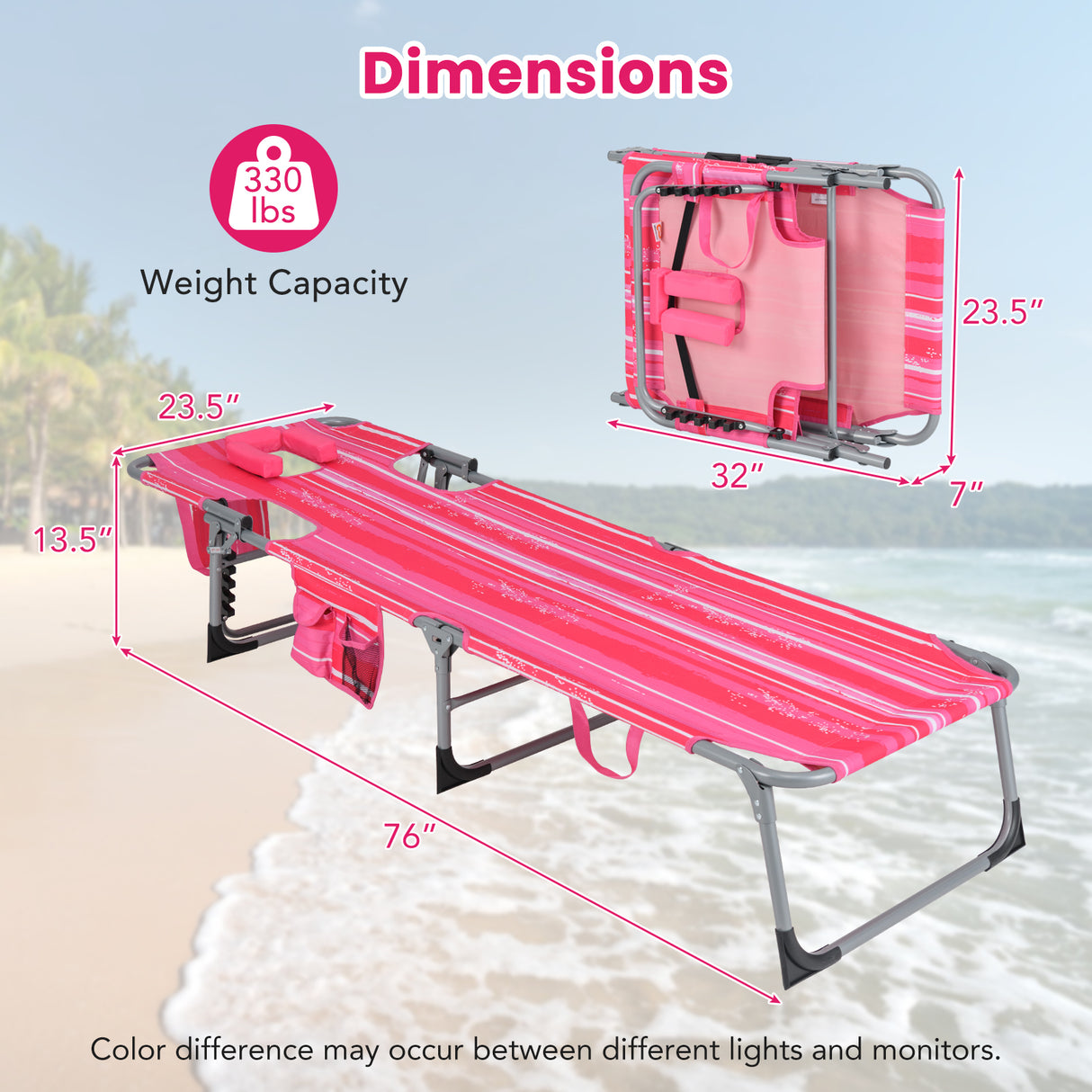 Folding Beach Lounge Chair with Pillow for Outdoor