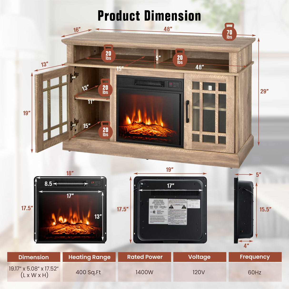 48 Inch Electric Fireplace TV Stand with Cabinets for TVs Up to 55 Inch