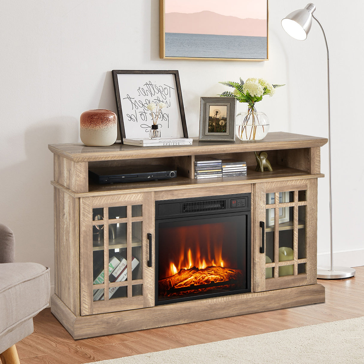 48 Inch Electric Fireplace TV Stand with Cabinets for TVs Up to 55 Inch