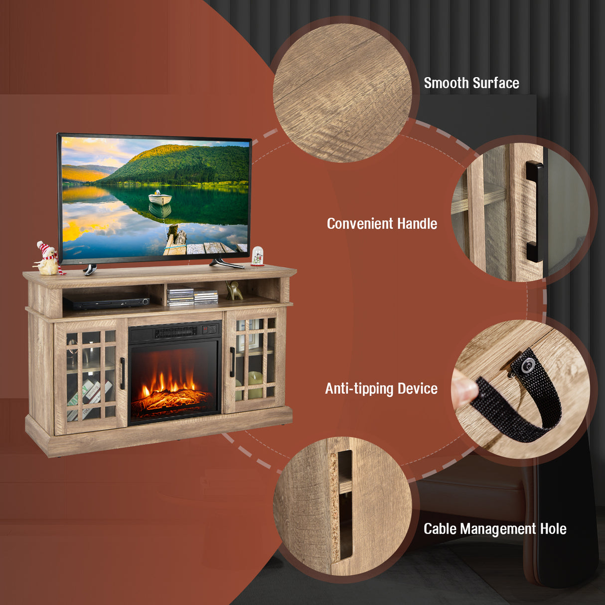 48 Inch Electric Fireplace TV Stand with Cabinets for TVs Up to 55 Inch
