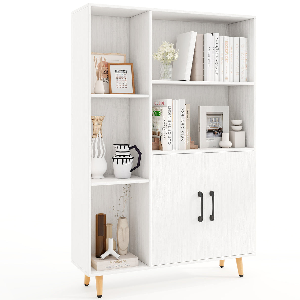 Free Standing Pantry Cabinet with 2 Door Cabinet and 5 Shelves