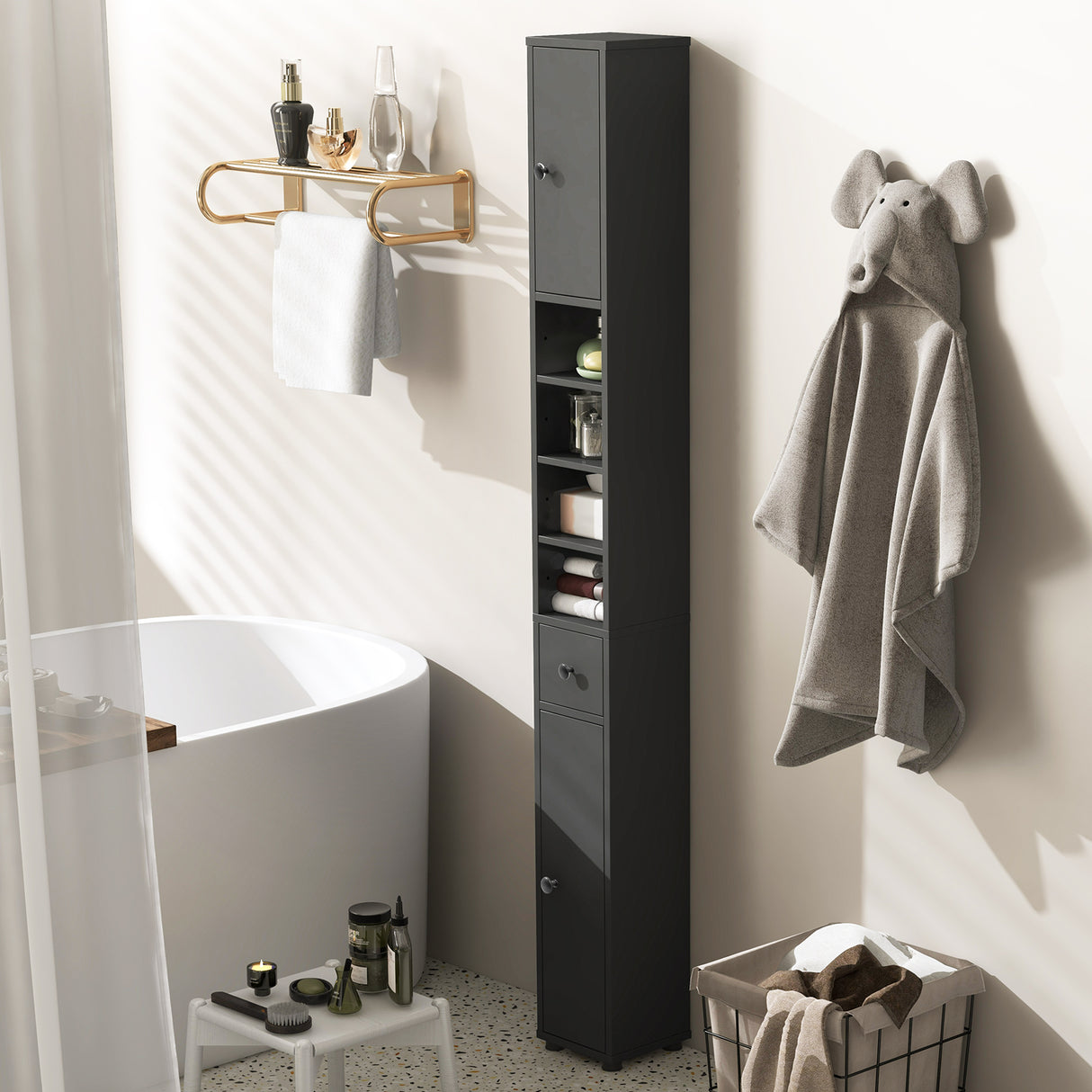 Freestanding Slim Bathroom Cabinet with Drawer and Adjustable Shelves