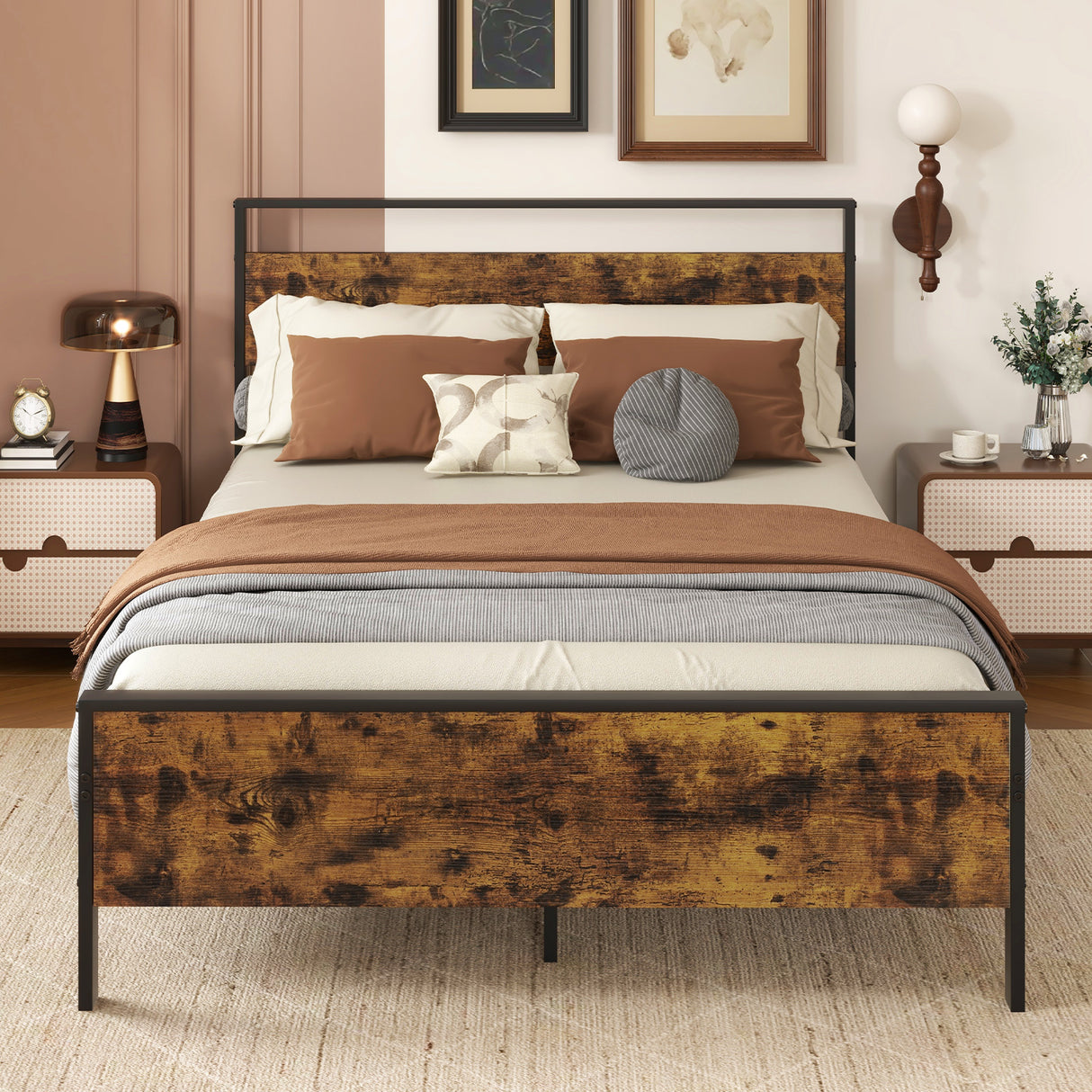 Twin Metal Bed Frame Industrial Platform Bed with Wooden Headboard